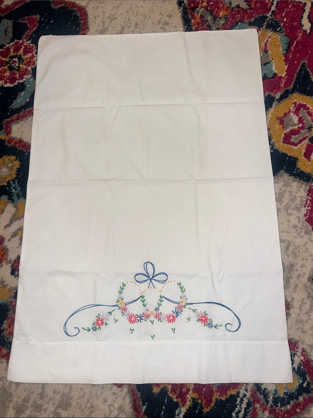 Hand sewn White and blue Embroidered Floral pillow case- standard size bedding